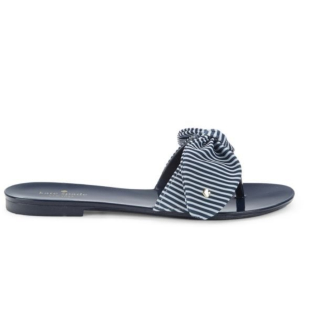 KATE SPADE Navy Blue Jelly Flip Flop Sandals Striped Fabric Bow Size 8 - Picture 5 of 15